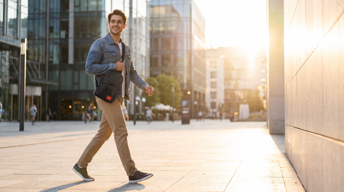 Man wearing Flameberry sling bag in city at golden hour