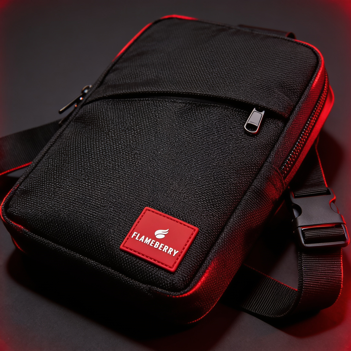 Macro detail of Flameberry sling bag red logo patch and zipper