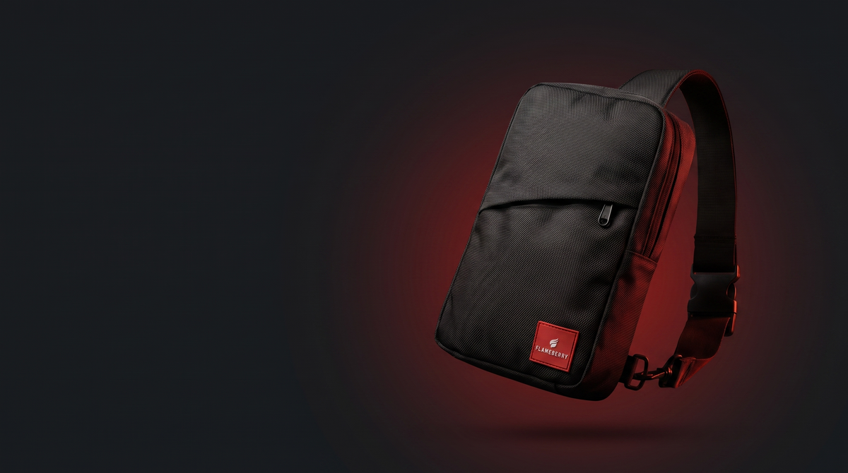 Flameberry sling bag hero banner - dark with red glow