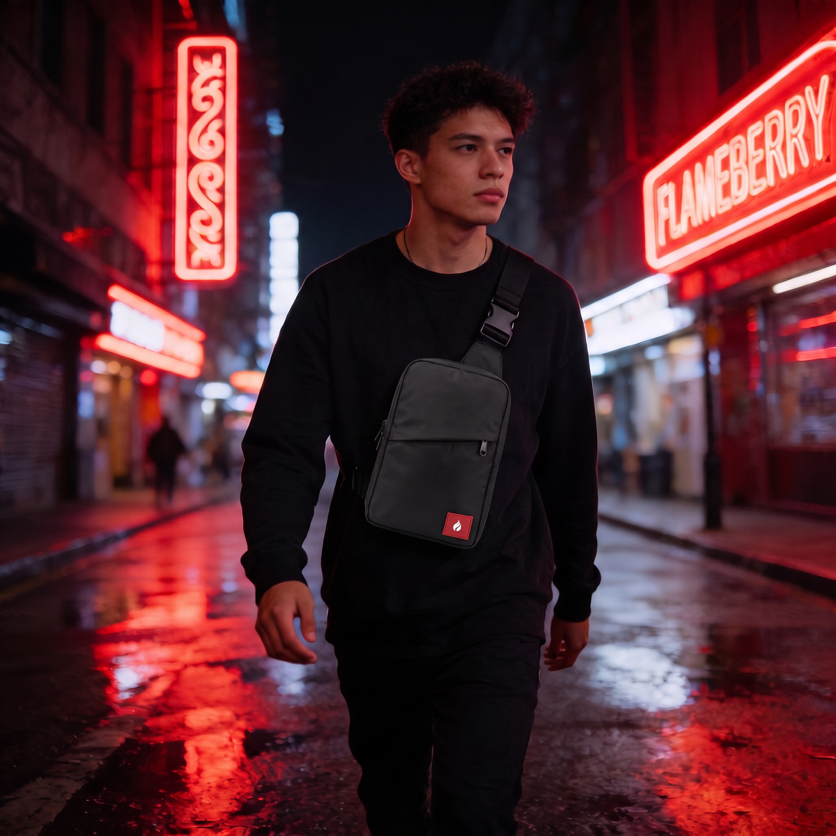 Man wearing Flameberry sling bag on neon-lit city street at night