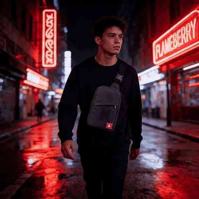 Flameberry sling bag worn crossbody on a night city walk
