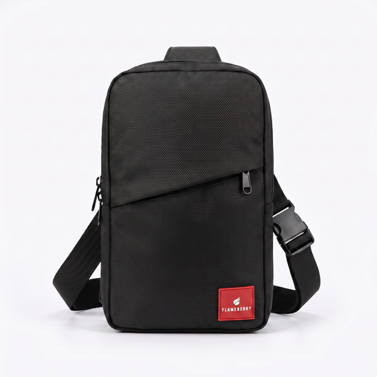 Flameberry black sling bag front view on white background